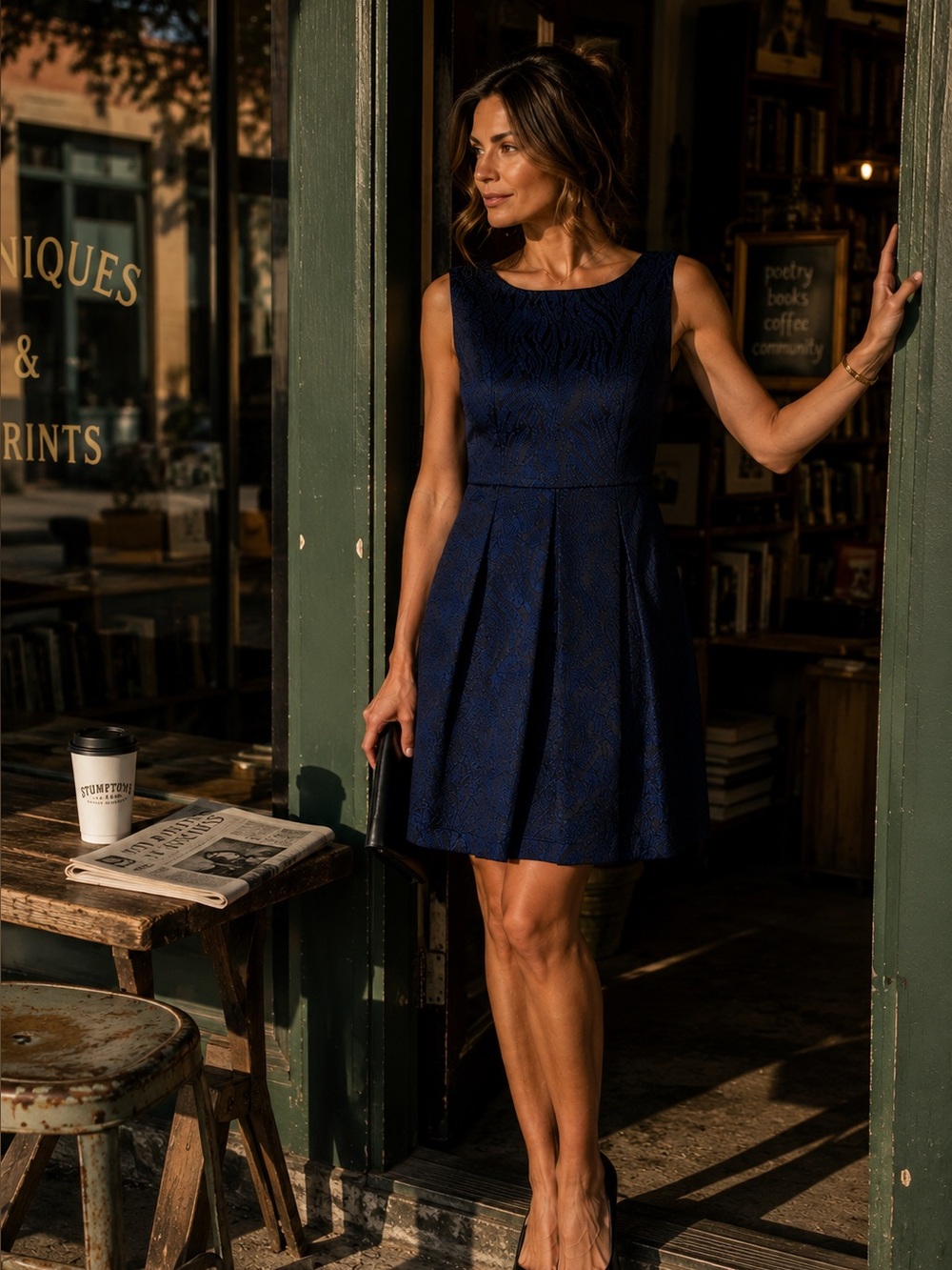 Tahari Navy Blue Size 6 Jacquard Fit Flare Dress Textured Quiet Luxury